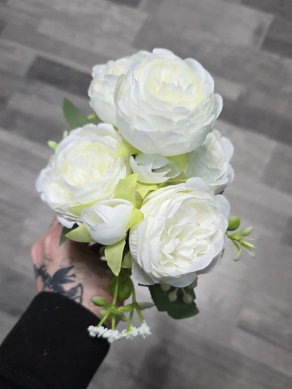 Artificial White Peony Bouquet in Black Vase